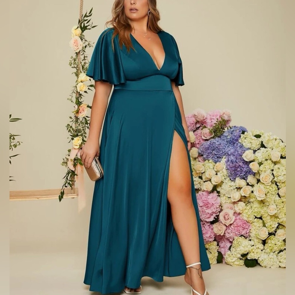 Satin Plus size backless plunging V neck Thigh split
